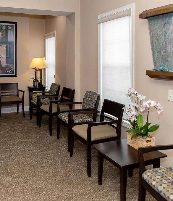 Waiting room chairs by the window, with orchids on the side table.