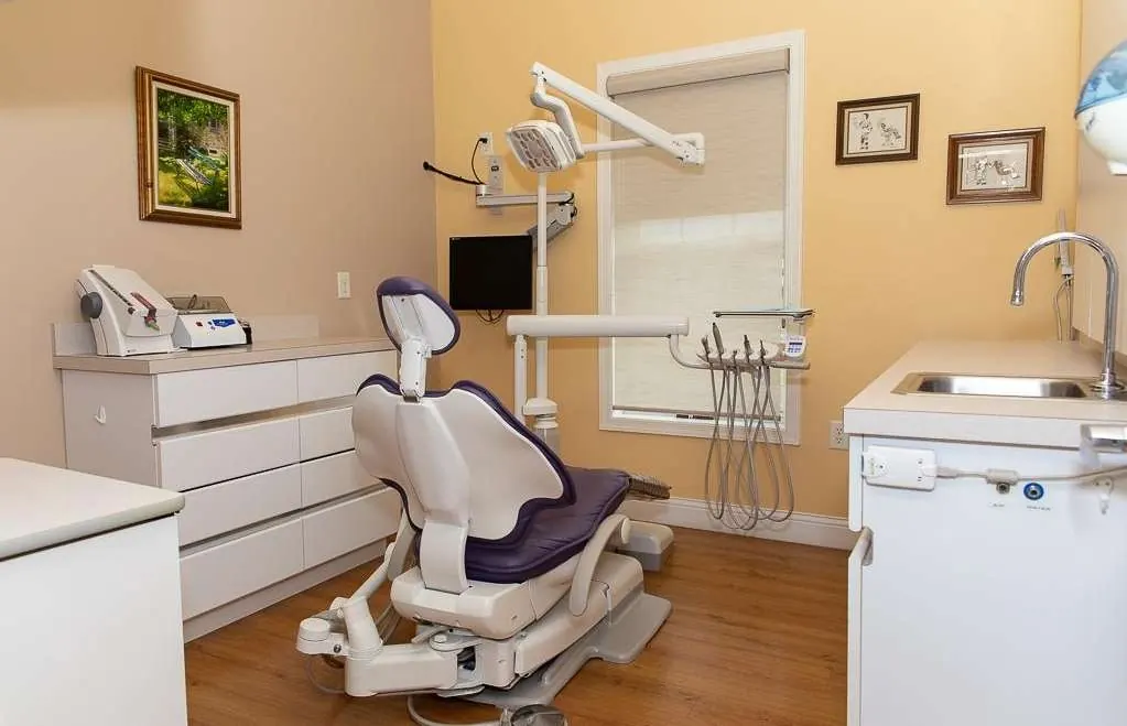 A second treatment room, with a window, a monitor and a framed painting.